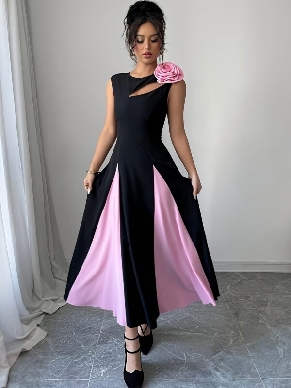 Women's Sleeveless A-Line Dress with Color Block Design, Chest Cut-Out & 3D Floral Shoulder Accents - Black to Red Ombre, Round Neck, Medium Stretch for Spring/Summer Casual to Formal Events, Chic Dress, Sophisticated Craftsmanship - Image 2