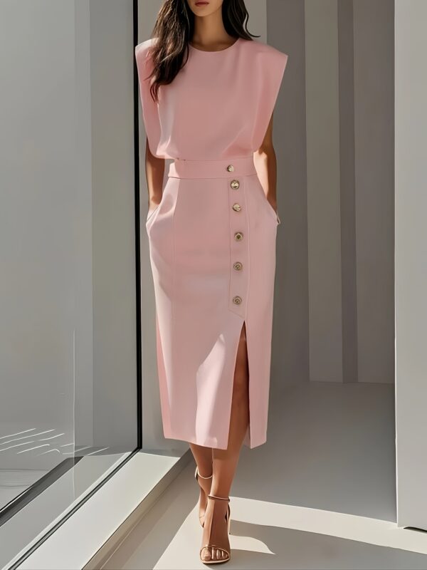 Elegant Beige Midi Dress with Button Details and High-Slit Hem - Sleeveless, Round Neck, Cinched Waist, Flowing Design for Women, Perfect for Spring/Summer/Fall, Versatile Fashion | Round Neck Dress | Button Detailing, Cute Dresses