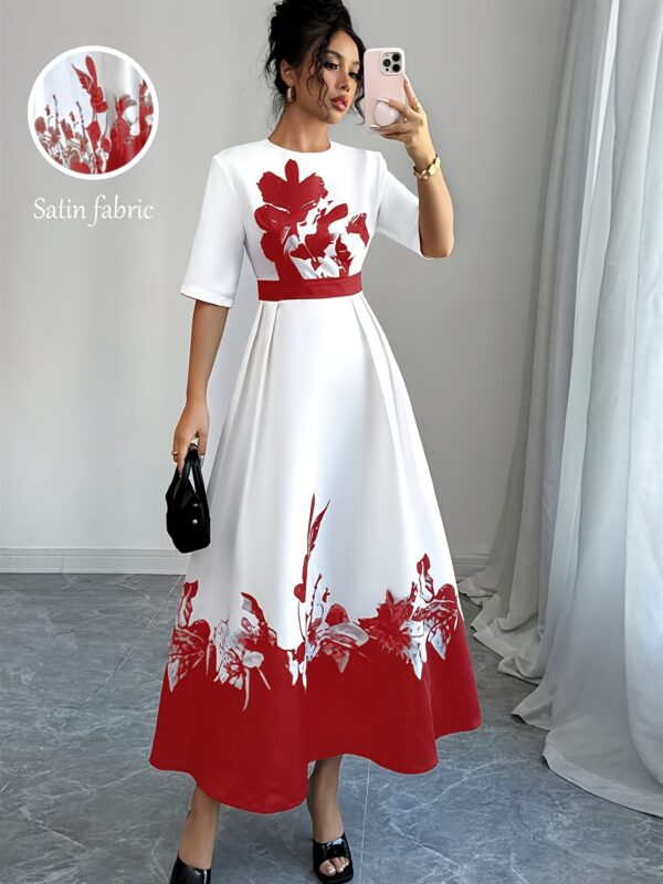 YY0402002 European and American Spring/Summer Festival Elegant Dress, Round Neck Mid-Length Belted Zipper Floral Print Dress - Image 3
