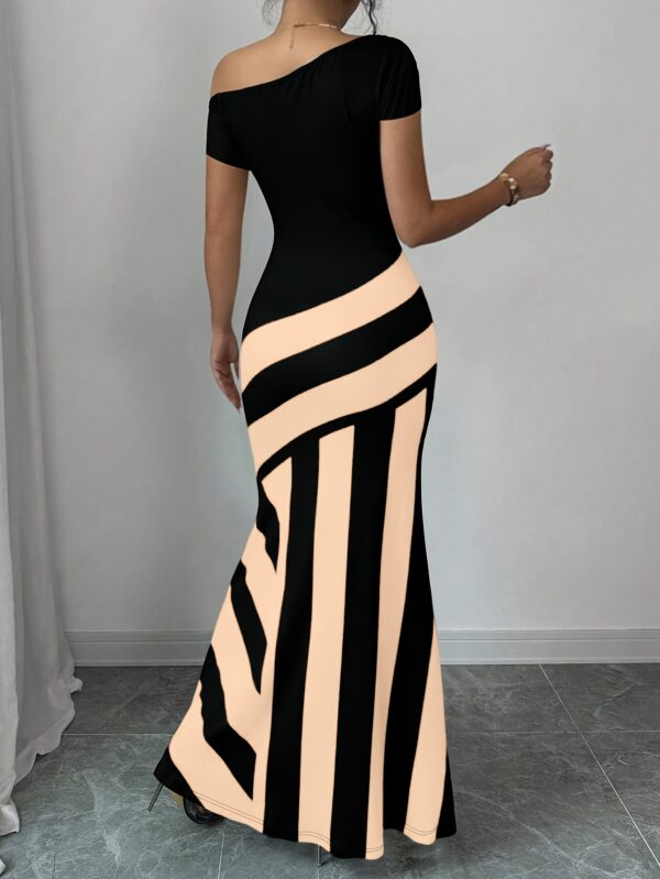 Elegant Knitted Striped Asymmetric Shoulder Fishtail Dress for Women - Black & White Vertical Stripes, Round Neck, Machine Washable Polyester Blend, Spring/Summer Casual & Formal Wear, Casual Summer Dress | Asymmetric Fishtail Dress | Glossy Texture - Image 34