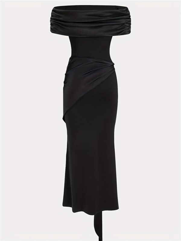Elegant Black Maxi Dress with Off-Shoulder Ruched Detail and Bow Tie Waist - Sleeveless Bodycon Design for Women, Perfect for Summer Fashion, Evening Attire | Ruched Shoulder Design | Knotted Waist Detail - Image 2