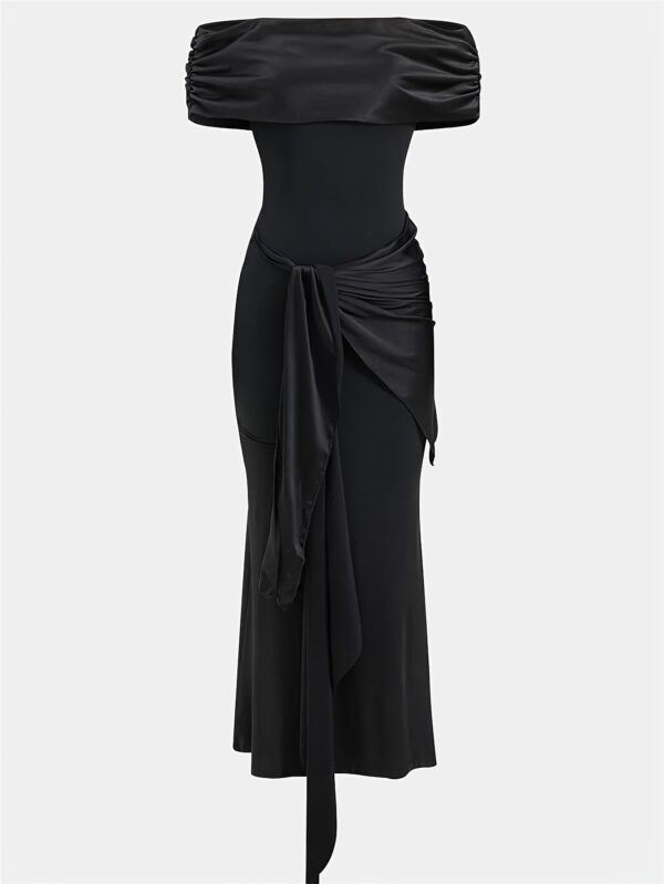 Elegant Black Maxi Dress with Off-Shoulder Ruched Detail and Bow Tie Waist - Sleeveless Bodycon Design for Women, Perfect for Summer Fashion, Evening Attire | Ruched Shoulder Design | Knotted Waist Detail - Image 4