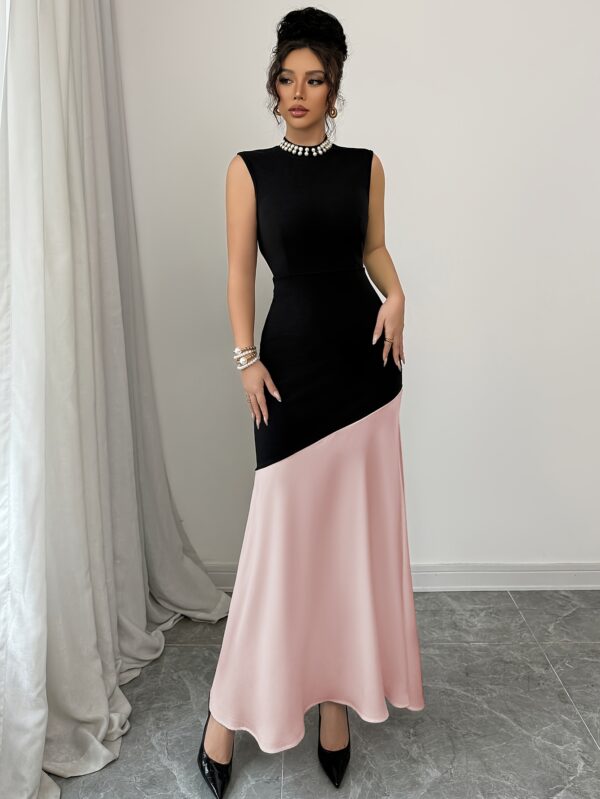 Elegant Color-Blocked Sleeveless Maxi Dress for Women with Lotus Leaf Hem, Pearl & Choker Neckline - Spring/Summer Fashion in Black & Pink, Formal Attire, Medium Elasticity - Image 4