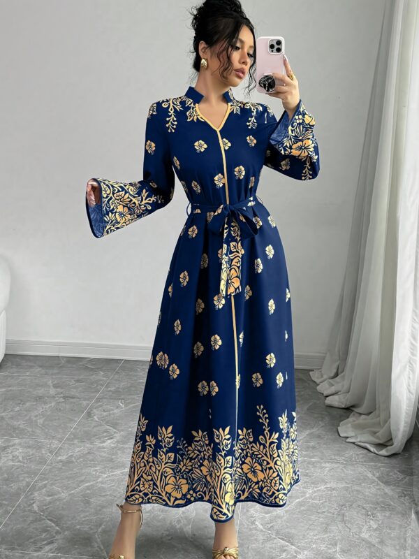 Women's Middle Eastern-Inspired Long Sleeve Dress - Deep Blue & Golden Floral Print, Waist Belt, Breathable Machine-Washable Fabric for Spring/Summer Formal & Casual Occasions, Elegant Attire, Sophisticated Style, Quality Stitching, Stylish Outfit, Summer Wardrobe