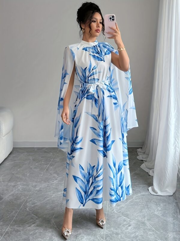 Elegant Floral Print A-Line Midi Dress with Belt - Loose Fit, Long Sleeve, Stand Collar, Spring/Summer Collection for Formal & Casual Occasions, Cute Dress
