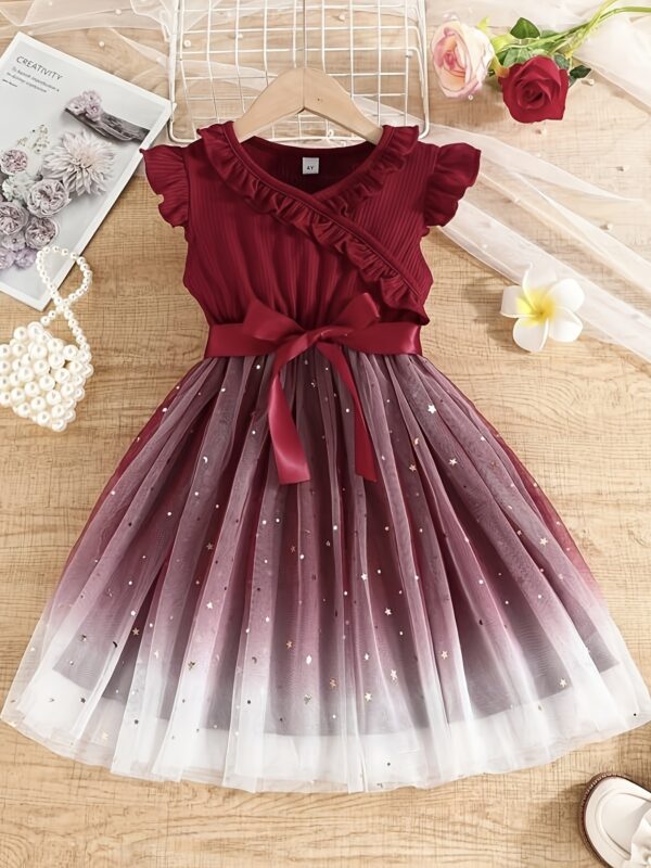 Elegant Vintage-Inspired Starry Sky Sequin Mesh Ruffle Dress with Belt - Sleeveless A-Line Princess Skirt for Girls, Valentine'S Day Gift, and Summer Parties, Summer Party Dress | Vintage Princess Dress | Sequin Embellishments, Princess Dres