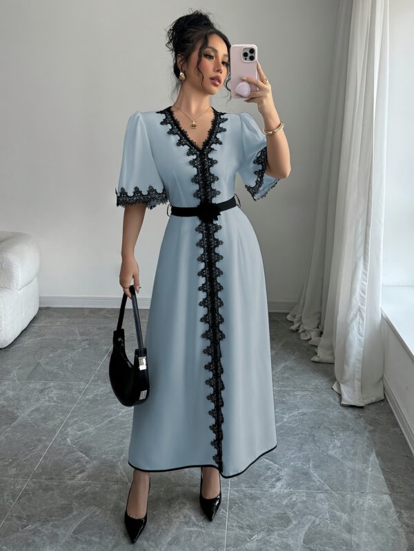 European And American Women'S Spring And Summer Short-Sleeve Lace V-Neck Long Solid Color Elegant Dress with a Stylish Waist Belt And Flared Design. - Image 6