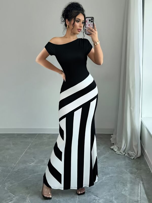 Elegant Knitted Striped Asymmetric Shoulder Fishtail Dress for Women - Black & White Vertical Stripes, Round Neck, Machine Washable Polyester Blend, Spring/Summer Casual & Formal Wear, Casual Summer Dress | Asymmetric Fishtail Dress | Glossy Texture