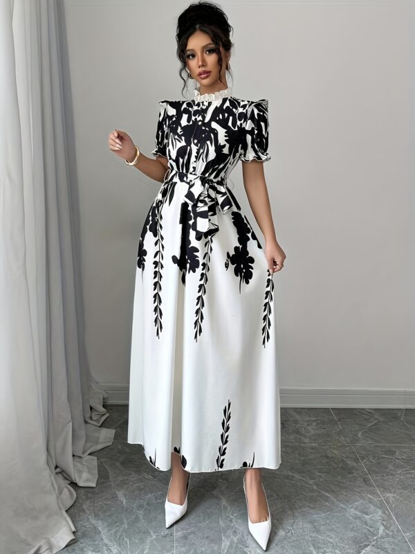 Women's Elegant Summer Floral Print A-Line Shirt Dress with Adjustable Belted Waist, Ruffled Short Sleeves & Stand-Up Collar - Machine Washable Black & White Floral Print Dress for Casual to Formal Occasions, Cute Summer Dresses - Image 4