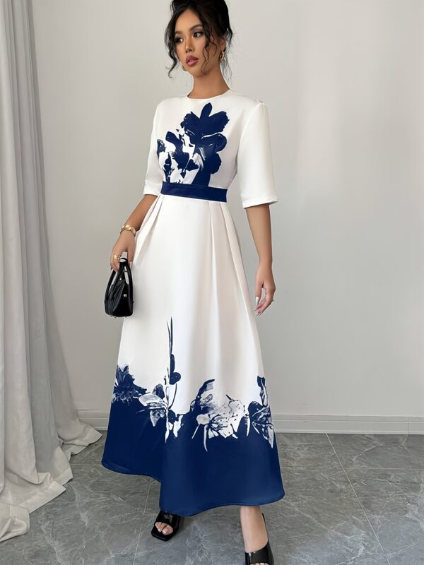 YY0402002 European and American Spring/Summer Festival Elegant Dress, Round Neck Mid-Length Belted Zipper Floral Print Dress - Image 8