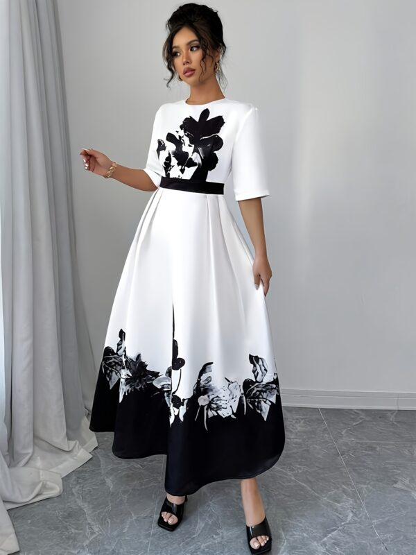 YY0402002 European and American Spring/Summer Festival Elegant Dress, Round Neck Mid-Length Belted Zipper Floral Print Dress - Image 10