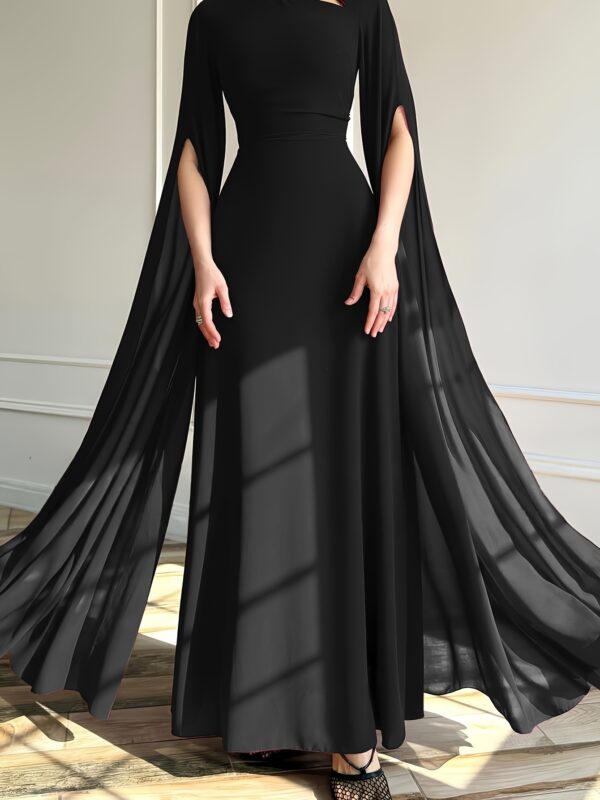 1pc Elegant Evening Long Dress with Cape Sleeves & Lace-Up Back - A-Line Stand Collar Solid Color Wedding Guest Gown, Machine Washable Spring/Summer Formal Dress for Women, Dresses for Wedding, Sophisticated Tailoring - Image 4
