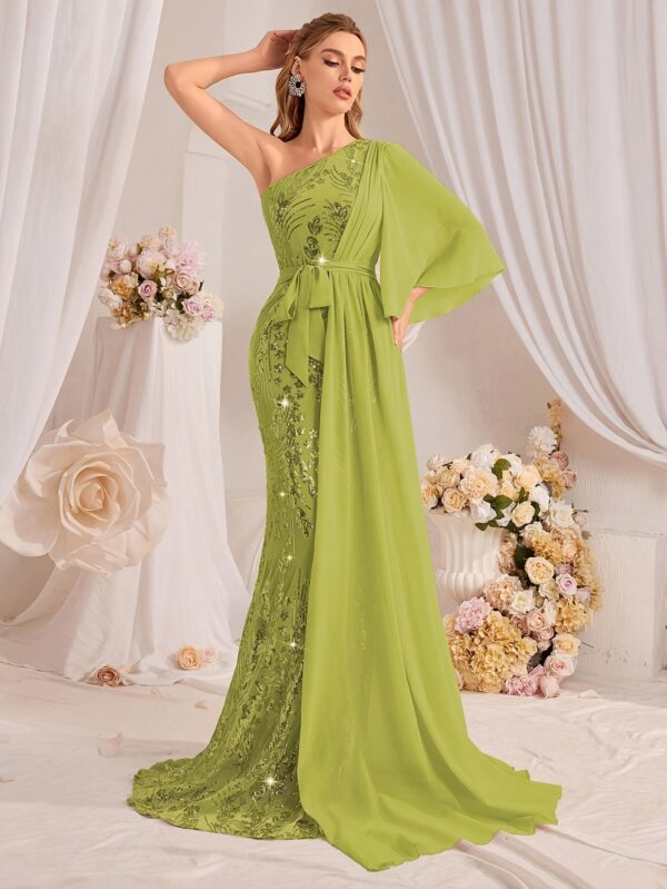 TOLEEN Elegant One-Shoulder Floral Sequin Gown with Ruffle Sleeves and Mermaid Hem, Green Polyester Dress for Women - Perfect for Weddings, Parties, and Formal Events, Wedding Dresses for Brid - Image 2