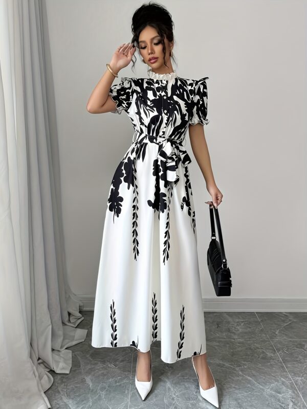 Women's Elegant Summer Floral Print A-Line Shirt Dress with Adjustable Belted Waist, Ruffled Short Sleeves & Stand-Up Collar - Machine Washable Black & White Floral Print Dress for Casual to Formal Occasions, Cute Summer Dresses
