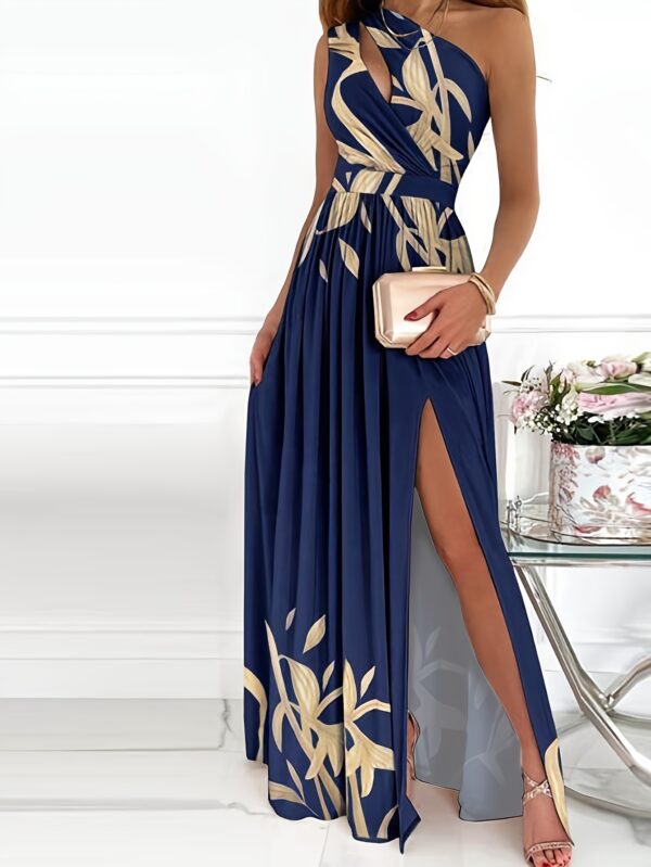 Elegant Women's Floral Print One-Shoulder Hollowed-Out Strapless Dress - Navy Blue with Golden Accents, High Slit & Broad Hem, Machine Washable Spring/Summer Vacation Dress, Ditsy Floral Print Dress, Summer Fashion, No Stretch Fabric