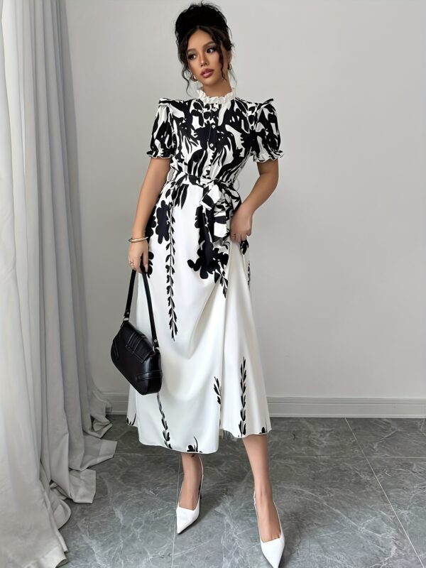 Women's Elegant Summer Floral Print A-Line Shirt Dress with Adjustable Belted Waist, Ruffled Short Sleeves & Stand-Up Collar - Machine Washable Black & White Floral Print Dress for Casual to Formal Occasions, Cute Summer Dresses - Image 7