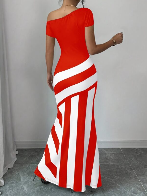 Elegant Knitted Striped Asymmetric Shoulder Fishtail Dress for Women - Black & White Vertical Stripes, Round Neck, Machine Washable Polyester Blend, Spring/Summer Casual & Formal Wear, Casual Summer Dress | Asymmetric Fishtail Dress | Glossy Texture - Image 31