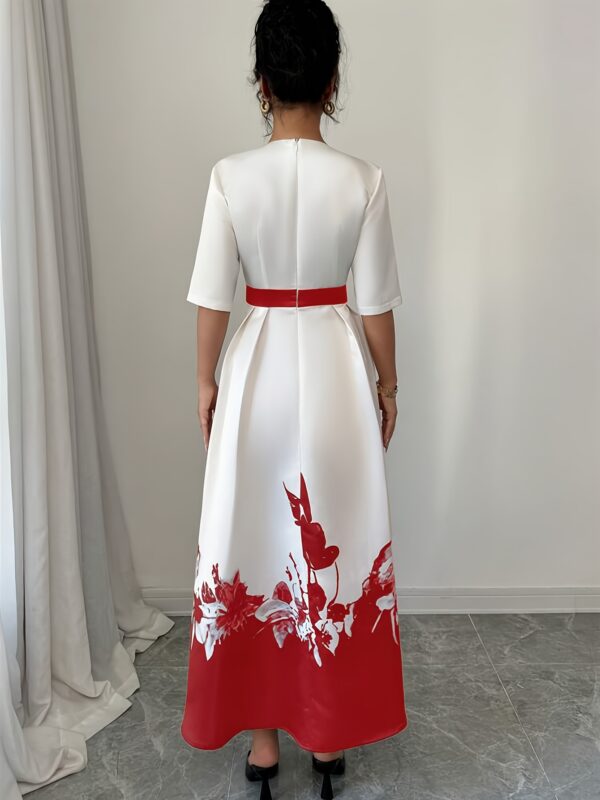 YY0402002 European and American Spring/Summer Festival Elegant Dress, Round Neck Mid-Length Belted Zipper Floral Print Dress - Image 6