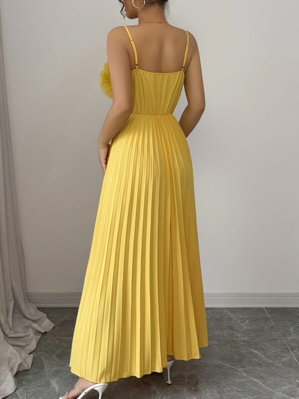 Elegant Yellow Floral A-Line Maxi Dress for Women - Sleeveless, Ruched Waist, Flowy Summer Dress with 3D Rose Detail, Perfect for Parties and Vacations, Vacation Dress | Floral Print Dress | Ruched Waist Dress - Image 5