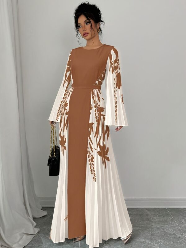 Elegant Women'S Floral Print Maxi Dress with Contrast Sleeves - Long Sleeve, Flared Hem, Cinched Waist, Beige & Brown Design, Perfect for Spring/Summer/Fall, Floral Print Dress