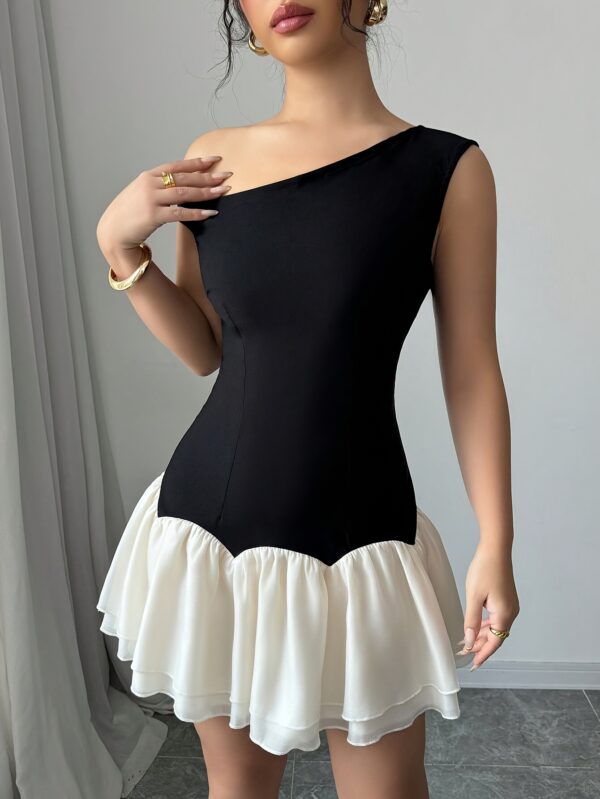 Chic Black Off-Shoulder Asymmetrical Mini Dress for Women - Sleeveless Ruffled Hem, Sweet & Elegant Style for Casual Attire, Parties, and Gatherings, Cute Dresses - Image 14
