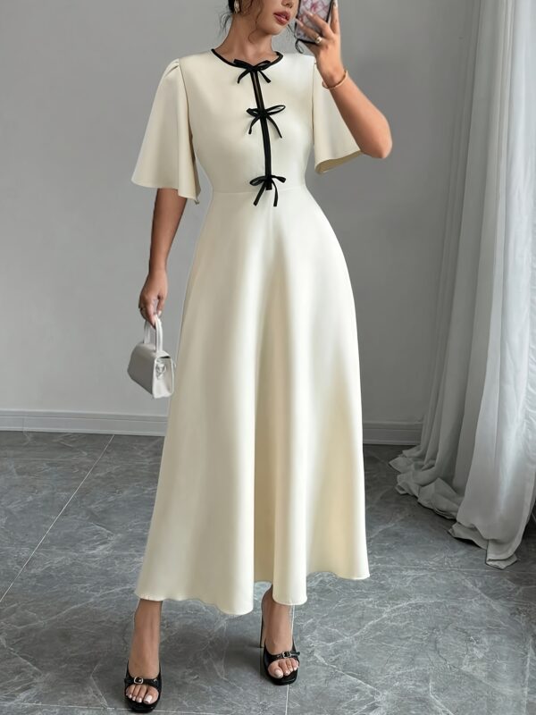 Women's Elegant Color Block Bow Detail Waist-Cinched Dress - Fitted Round Neck Short Sleeve Long Dress, Solid Color Machine Washable Spring/Autumn Versatile Casual to Formal Wear, Autumn Attire, Smooth Fabric