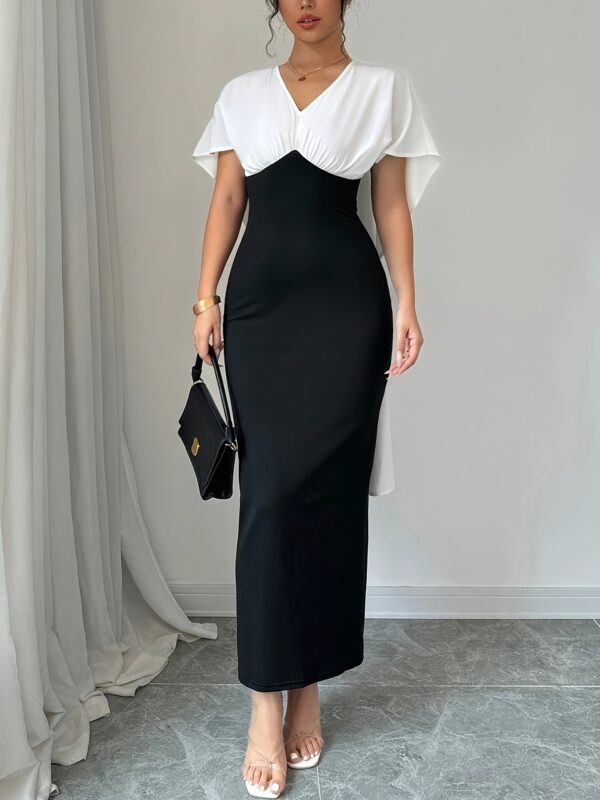 Black and White Contrast Elegant Cape Dress Long Women's Wear - Image 10