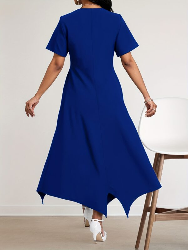 Women's Elegant Slim Fit Asymmetrical Hem Dress - Summer A-Line Royal Blue Button Detail Dress with Round Neck, Machine Washable for Casual & Formal Occasions, Fitting Dresses for Ladies, Sophisticated Fashion - Image 11