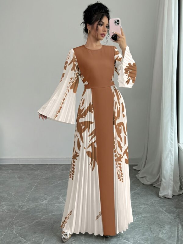 Elegant Women'S Floral Print Maxi Dress with Contrast Sleeves - Long Sleeve, Flared Hem, Cinched Waist, Beige & Brown Design, Perfect for Spring/Summer/Fall, Floral Print Dress - Image 3