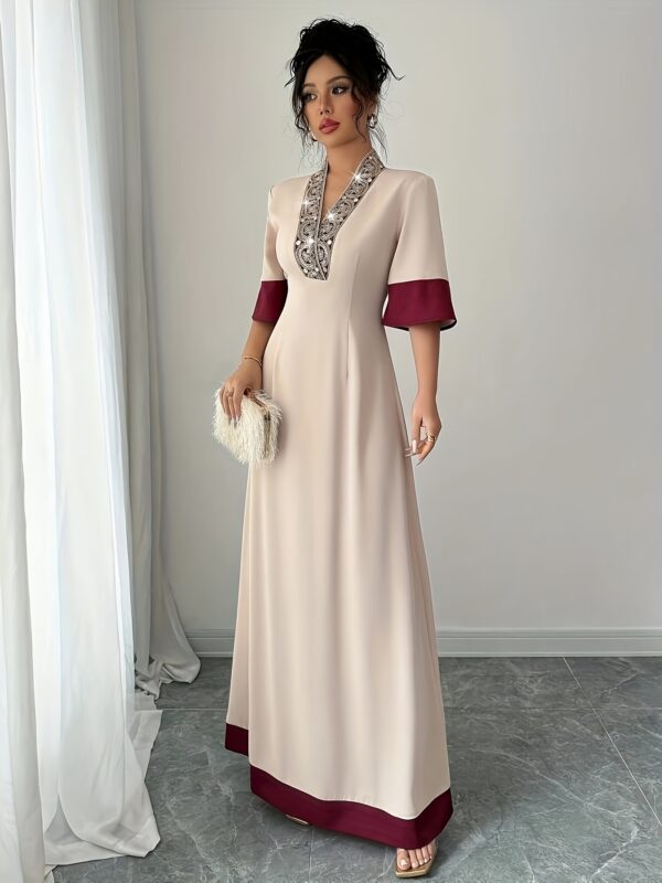 Elegant Beige & Red V-Neck A-Line Midi Dress with Ruched Waist and Color Block Panels, Perfect for Spring/Summer - Polyester, Sleeveless, Loose Fit, Casual Elegance|Ruched Waist Dress|Polyester Dres