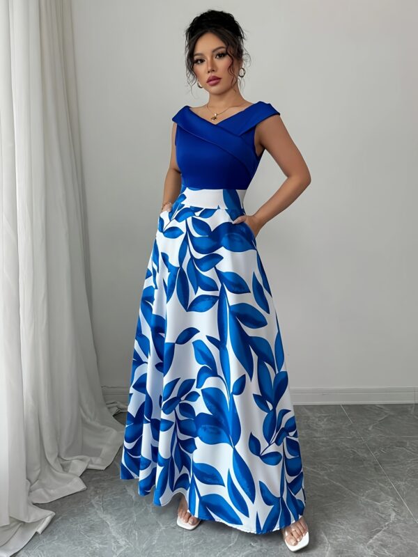 Women'S Casual Vacation Style Blue Printed Patchwork V-Neck Mid-Length Flared Dress - Image 6