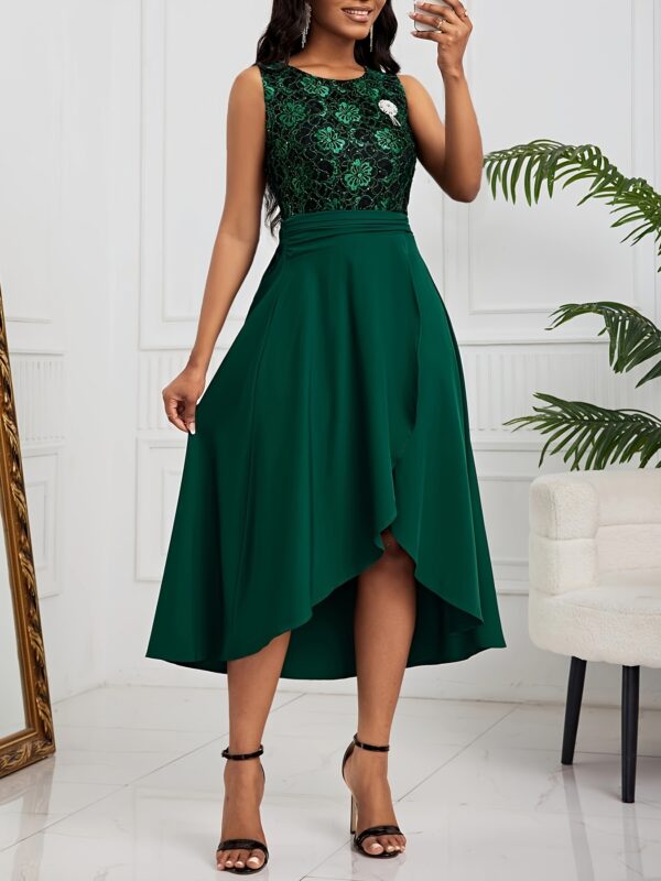 Sequined High Low Ruffle Hem Dress, Elegant Crew Neck Sleeveless Aline Dress For Spring & Summer, Women's Clothing - Image 4