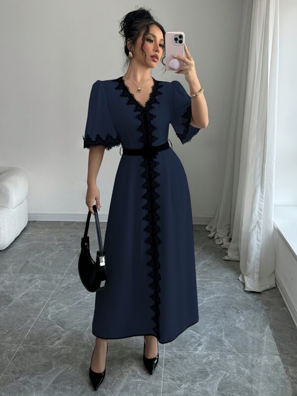 European And American Women'S Spring And Summer Short-Sleeve Lace V-Neck Long Solid Color Elegant Dress with a Stylish Waist Belt And Flared Design. - Image 4