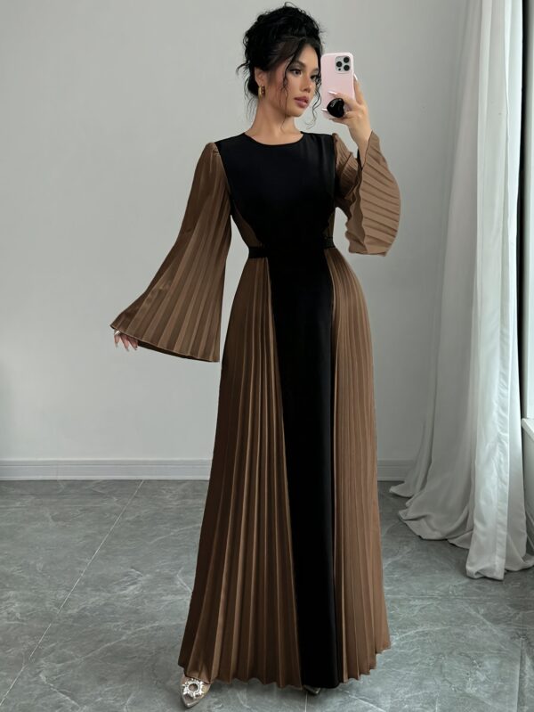 Women's Elegant Color-Block Pleated Flared Sleeve Maxi Dress with Adjustable Waist Belt - A-Line Long Dress for Spring Summer Fall, Machine Washable, Formal Occasion, Sophisticated Style, Structured Fit, Office Attire, Nonstretch Fabric, Professional Women