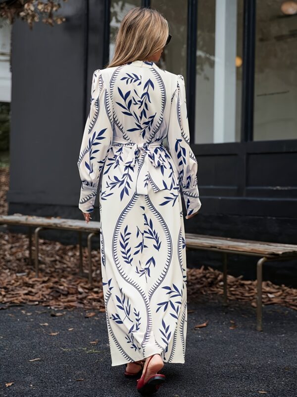 Elegant Floral Print Tie-Waist Midi Dress for Women - Crew Neck, Long Sleeve, Lightweight Summer Dress with Vibrant Blue Leaf Design, Floral Print Dress - Image 3