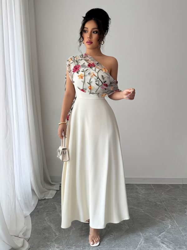Elegant One-Shoulder Floral Embroidered Mesh Dress for Women - Lightweight Polyester, Zipper Closure, Perfect for Spring/Summer, Adult Formal Wear, Formal Spring Attire|Floral Embroidery|Zippered Dress - Image 6