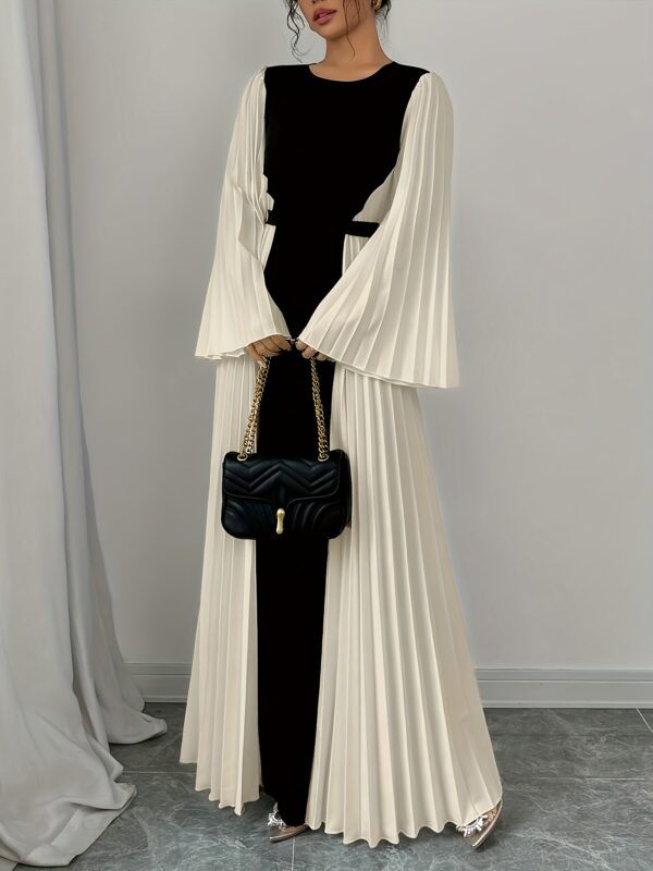 Women's Elegant Color Block Pleated Flared Sleeve Maxi Dress - High Neck Fitted Long Dress with Black & White Contrast, Machine Washable Spring/Summer Formal & Casual Outfit, Long Sleeve Dresses, Spring Fashion, Flowing Material, Office Wear - Image 10