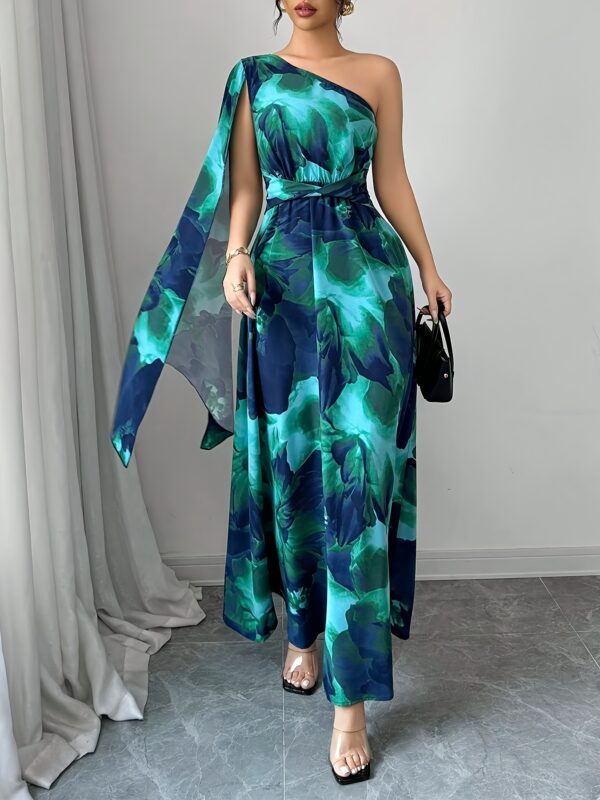 Women'S Elegant Off-Shoulder Floral Print Dress with Side Slit & Twist Detail - Fitted Silhouette, Long Sleeves, Vibrant Red & Pink Floral Print, Perfect for Spring/Summer Holiday Style, Floral Print Dress - Image 2