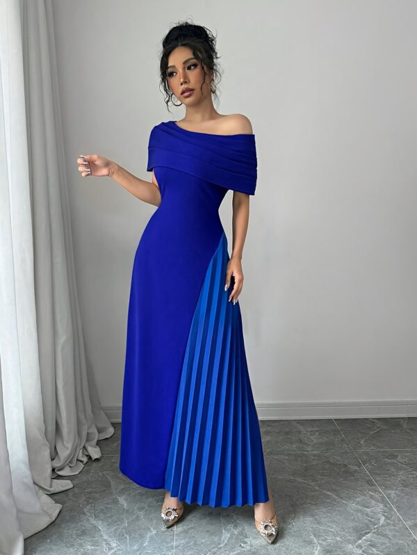 Elegant Off-Shoulder Mermaid Dress with Side Slit & Pleated Detail - Royal Blue, Form-Fitting Top & Flowy Hem, Perfect for Spring/Summer Parties & Formal Events, Formal Evening Wear | Offshoulder Fashion | Sophisticated Design, Plus Size Dress - Image 4