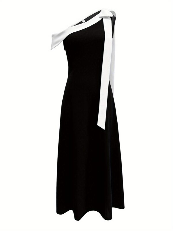 Elegant Off-Shoulder Black Dress with Bow Detail - Sleeveless, A-Line Silhouette, Perfect for Parties and Formal Events, Formal Event Attire|Sleek Formal Gown|Polyester Fabric - Image 6