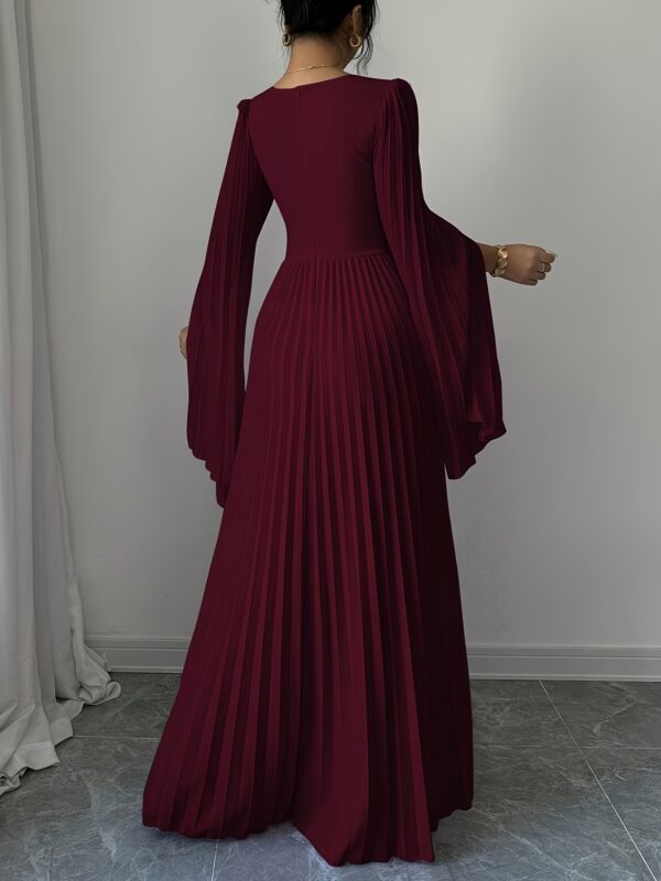 Elegant Long Sleeve Pleated Maxi Dress for Women - V-Neck, High-Low Hem, Ruched Bodice, Lightweight Polyester, Perfect for Spring/Summer, Elegant Event Wear | Vneck Dress | Ruched Detailing - Image 36