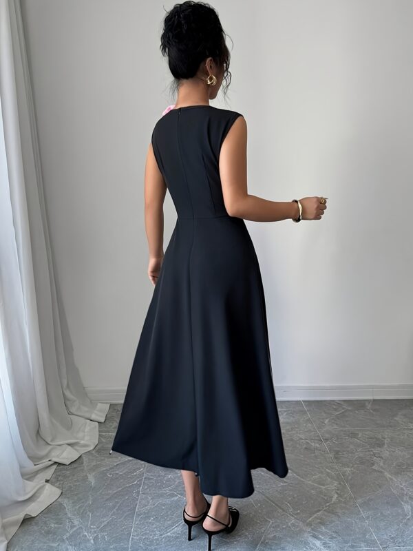 Women's Sleeveless A-Line Dress with Color Block Design, Chest Cut-Out & 3D Floral Shoulder Accents - Black to Red Ombre, Round Neck, Medium Stretch for Spring/Summer Casual to Formal Events, Chic Dress, Sophisticated Craftsmanship - Image 3