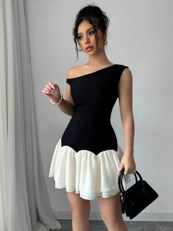 Chic Black Off-Shoulder Asymmetrical Mini Dress for Women - Sleeveless Ruffled Hem, Sweet & Elegant Style for Casual Attire, Parties, and Gatherings, Cute Dresses - Image 17