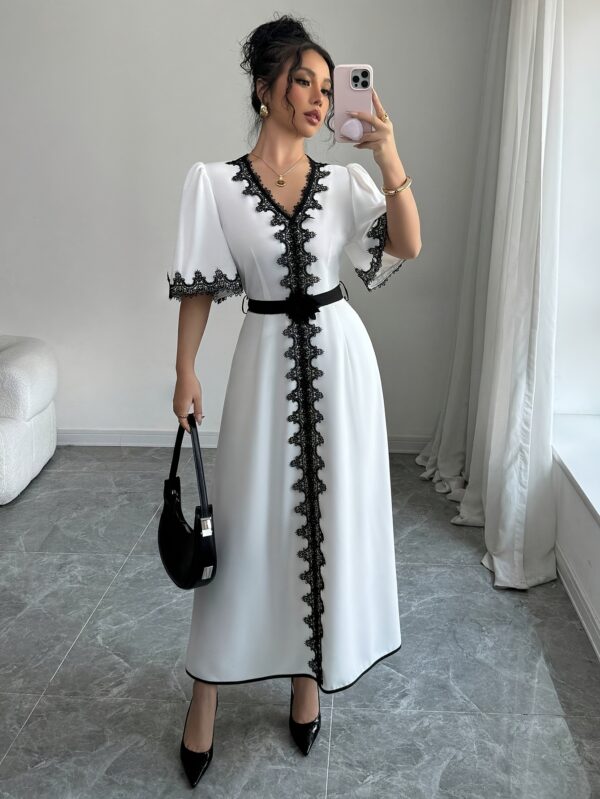 European And American Women'S Spring And Summer Short-Sleeve Lace V-Neck Long Solid Color Elegant Dress with a Stylish Waist Belt And Flared Design. - Image 3
