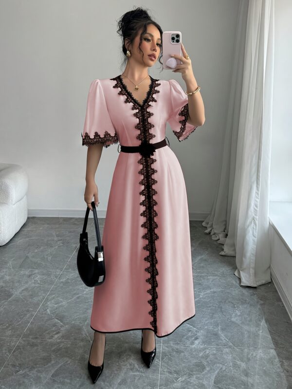 European And American Women'S Spring And Summer Short-Sleeve Lace V-Neck Long Solid Color Elegant Dress with a Stylish Waist Belt And Flared Design. - Image 5