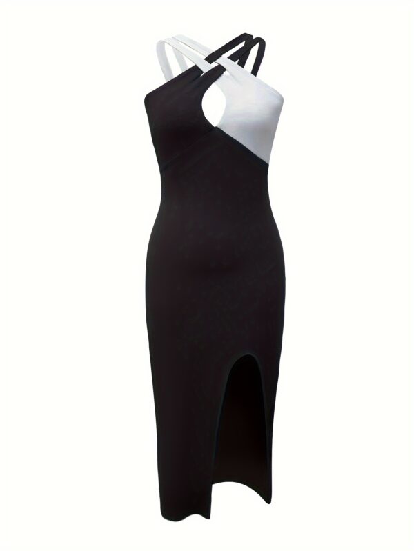 Elegant Color Block Polyester Dress for Women, 95% Polyester 5% Elastane, Criss Cross Neck, Cross Design, Knit Fabric, Summer Style, Adult Appropriate - Image 3
