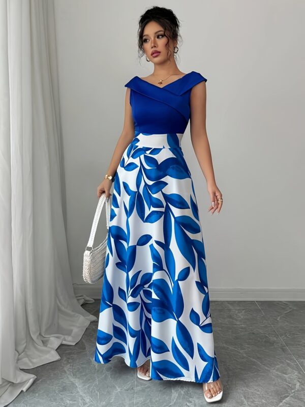 Women'S Casual Vacation Style Blue Printed Patchwork V-Neck Mid-Length Flared Dress - Image 5
