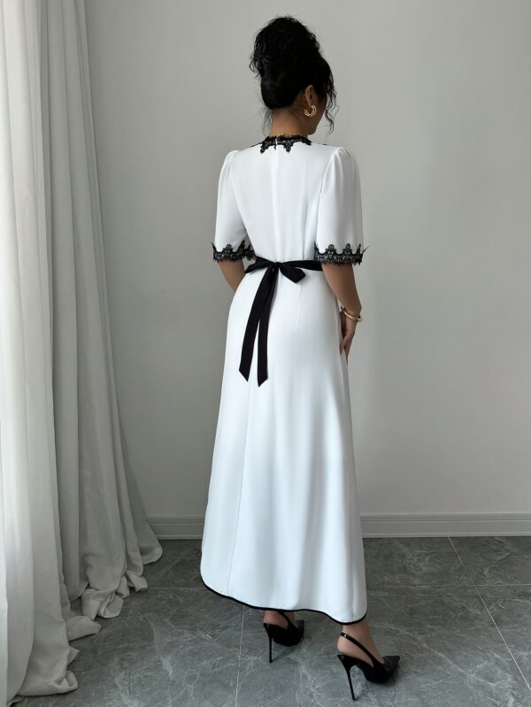 European And American Women'S Spring And Summer Short-Sleeve Lace V-Neck Long Solid Color Elegant Dress with a Stylish Waist Belt And Flared Design. - Image 8