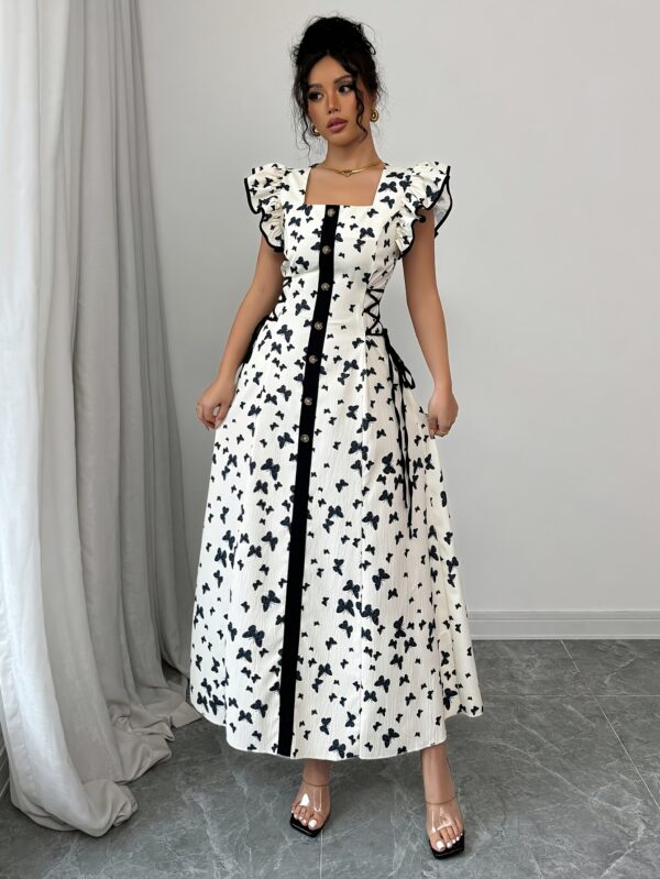 Women'S Elegant Butterfly Print A-Line Dress with Square Neck, Elastic Waist, and Pretend Buttons - Perfect for Spring/Summer Vacations, Vacation Dress | Floral Print Dress | Elegant Dress - Image 5