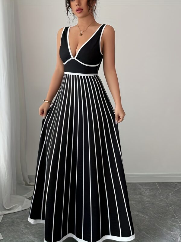 Women's Elegant V-Neck Strapless Summer Dress with Color Block Stripes - Mid-Length Machine Washable Party & Evening Dress for Adults, Casual Summer Dresses, Formal Occasion, Stylish Stripes, Durable Construction, Adult Women, Breathable Material, Fashion Lovers - Image 19